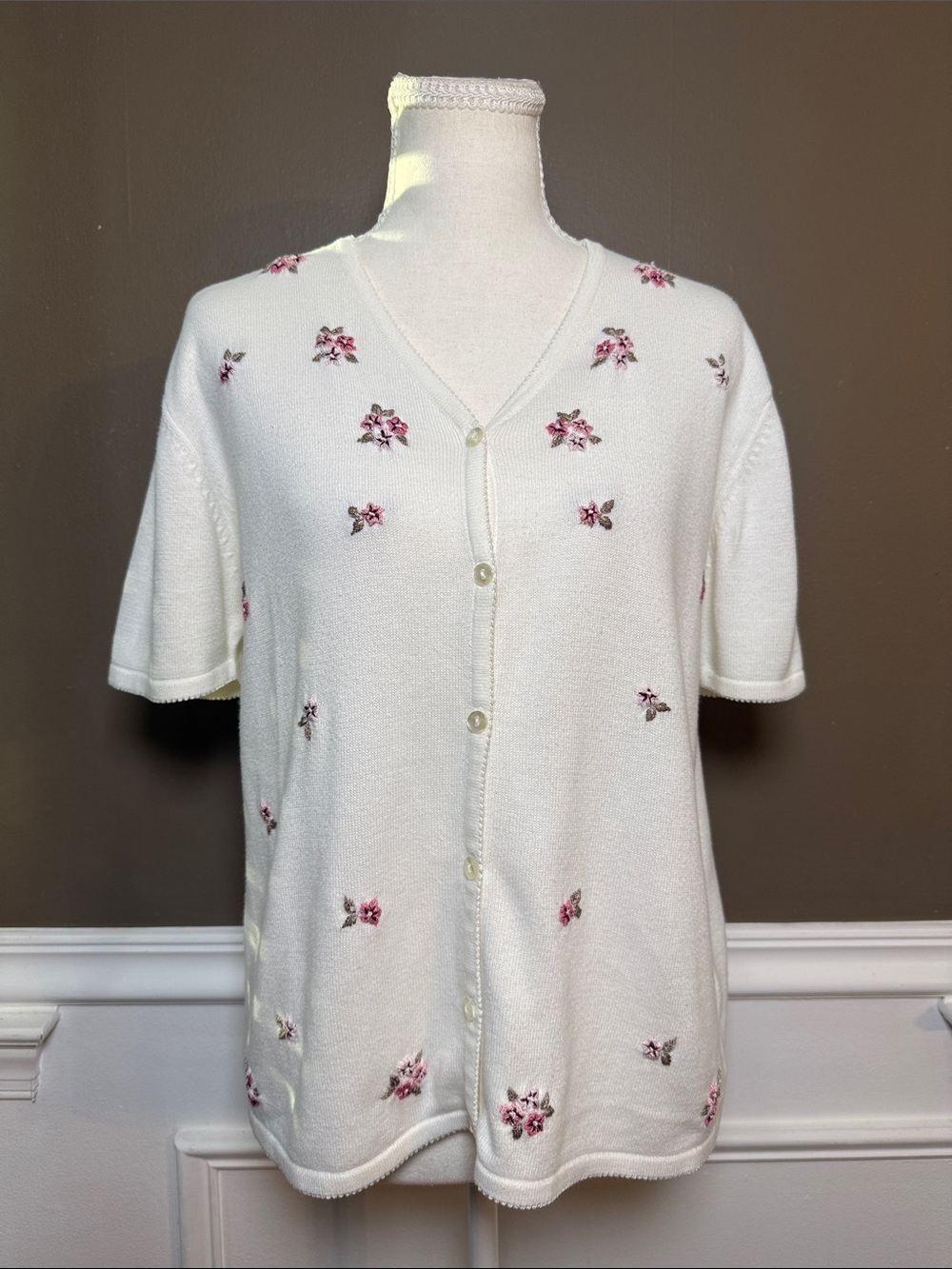 Y2K Yarnworks Floral Embroidered Coquette Cardigan Sweater Cream Pink S